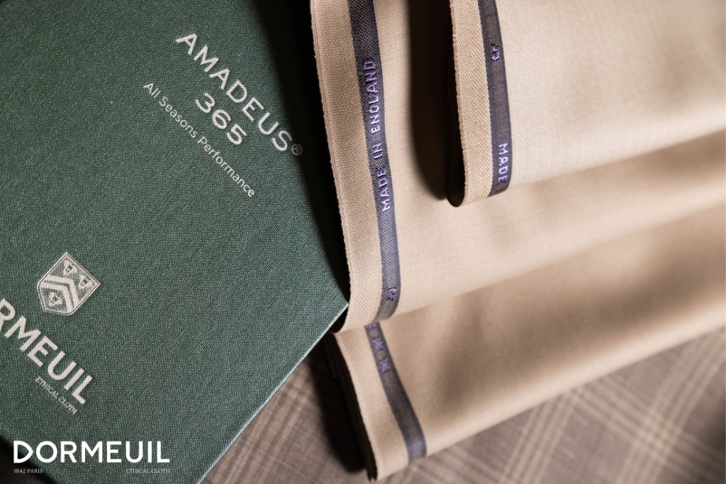 Dormeuil Amadeus 365 All Seasons Performance fabric sample book with Made in England selvedge