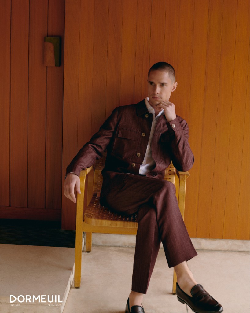 Burgundy Dormeuil Naturals jacket styled in a refined contemporary setting