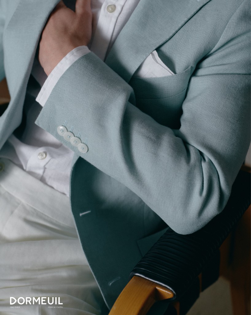 Light blue Dormeuil Naturals linen-blend jacket with white pocket square