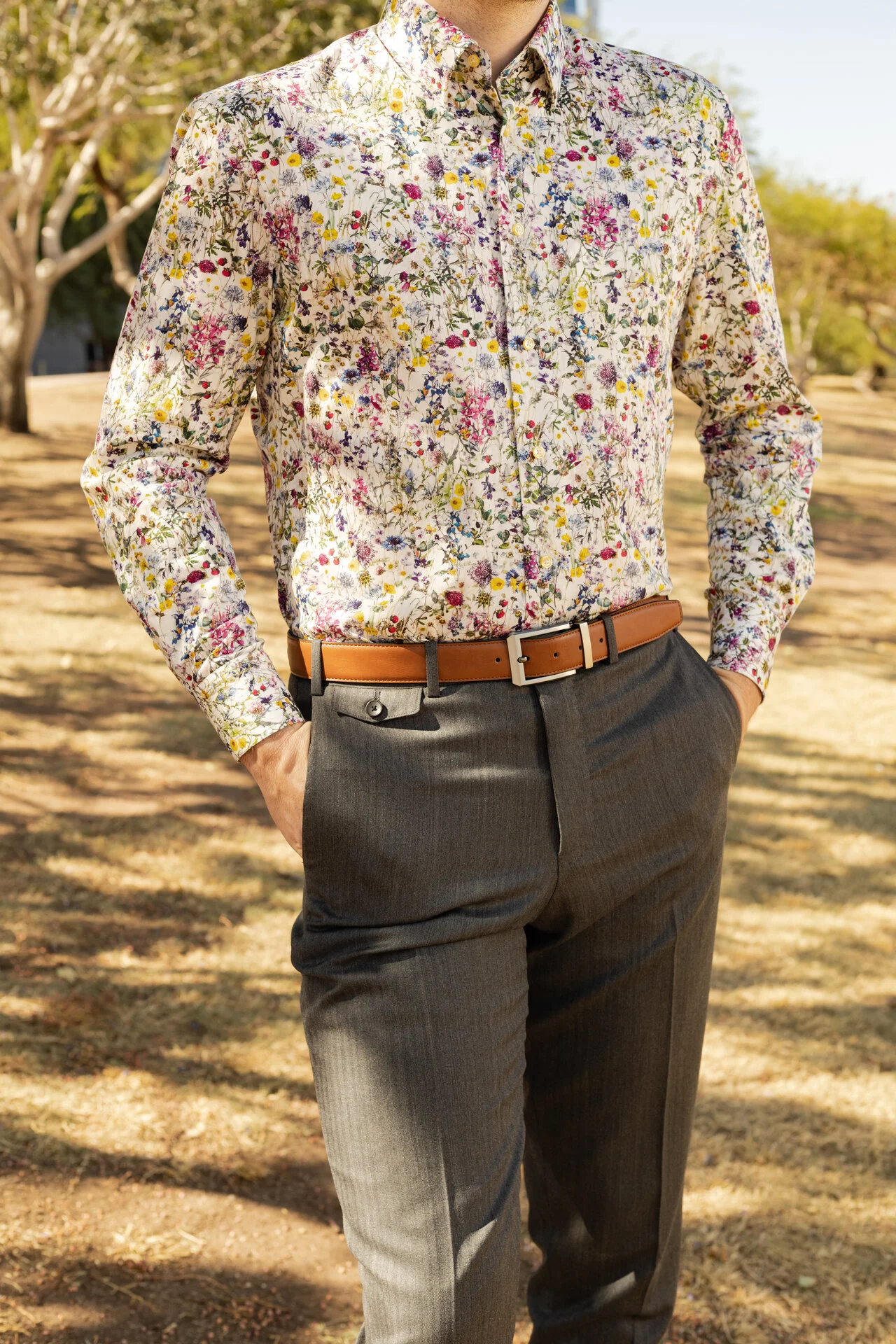 Floral print dress shirt with gray pants